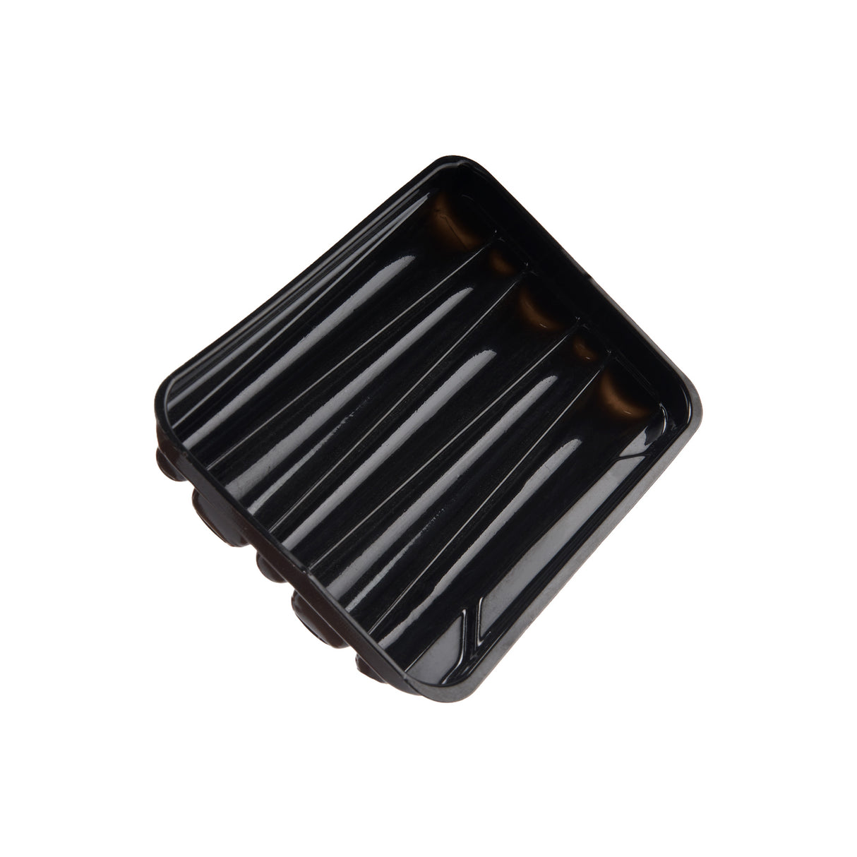 Angled view of the black plastic Loud Lock pre-roll tray insert that holds dog walker 76mm size pre-rolled cones