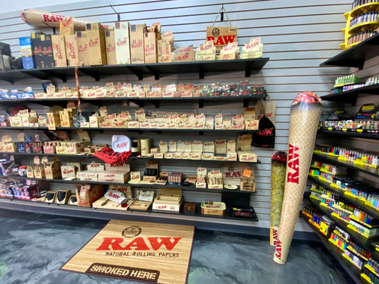 The extensive RAW display wall in the Cannatron wholesale showroom