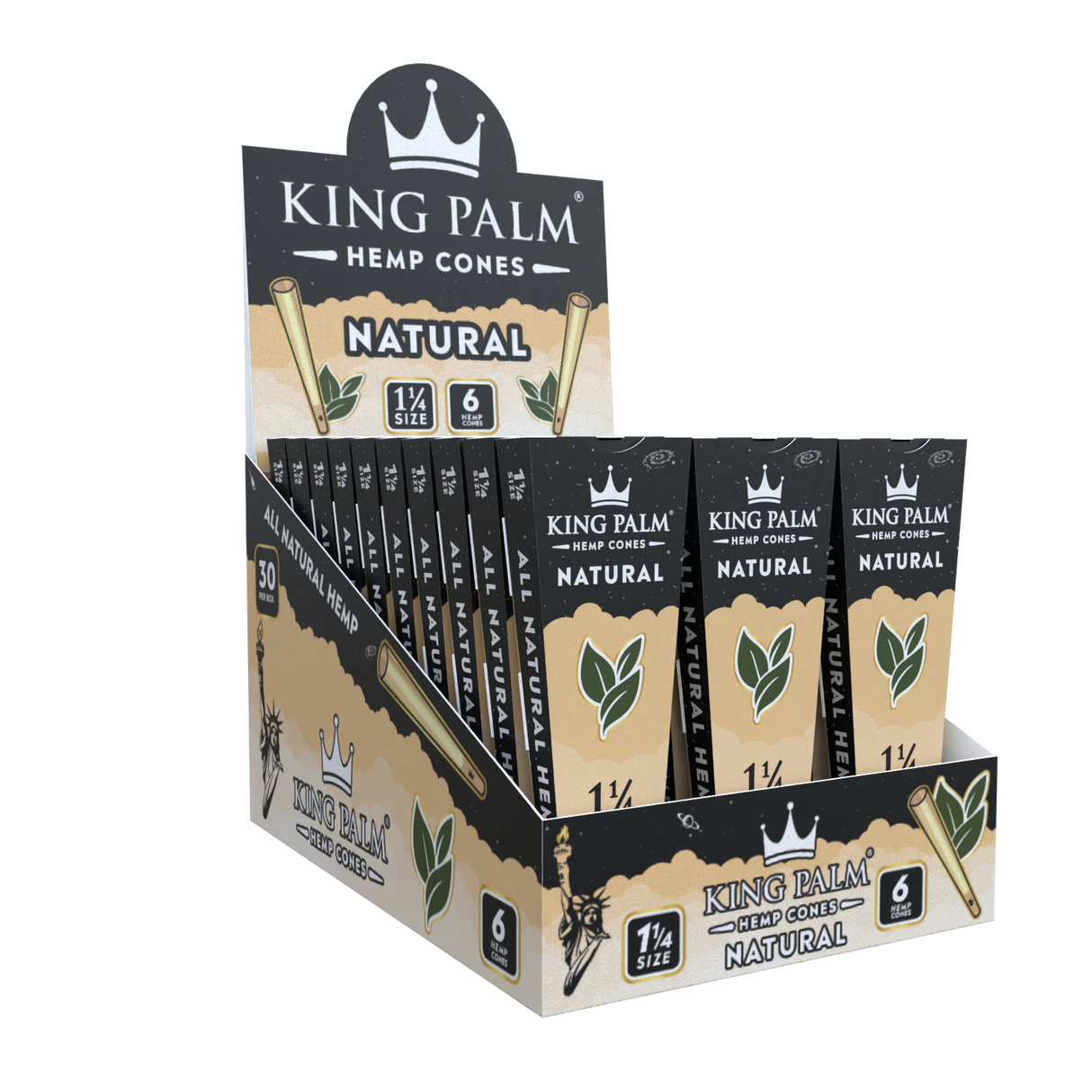 King Palm 1 ¼ Size Hemp Cones 30ct Display – Natural