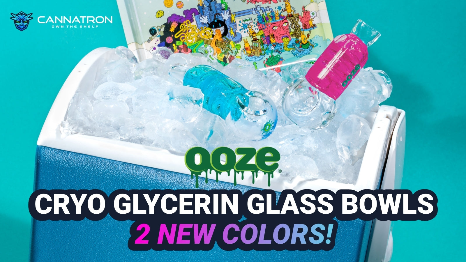 A female hand with pink nail polish holds the new blue and pink Ooze Cryo Glycerin Glass bowls in the palm of her hand against the Ooze Universe poster background.