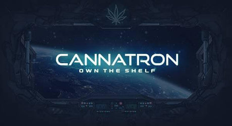 The Cannatron logo and Own the Shelf mission are displayed in bold white text against a dark background. The view is from inside a spacecraft looking out into the galaxy.