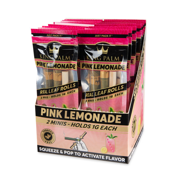 King Palm Pink Lemonade Real Leaf Rolls Display box. 2 count mini packs, holds 1 gram each. Squeeze and pop to activate flavor.