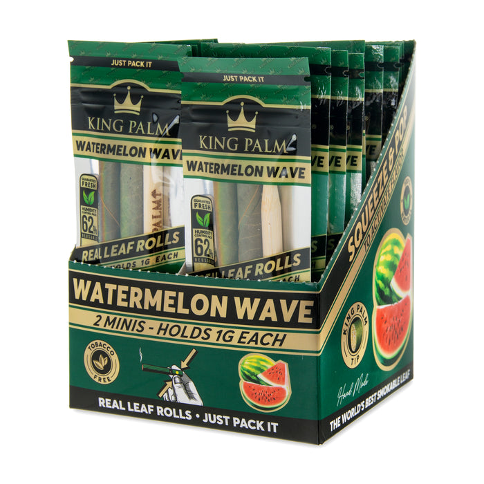 King Palm Watermelon Wave Real Leaf Rolls Display box. 2 count mini packs, holds 1 gram each. Squeeze and pop to activate flavor.