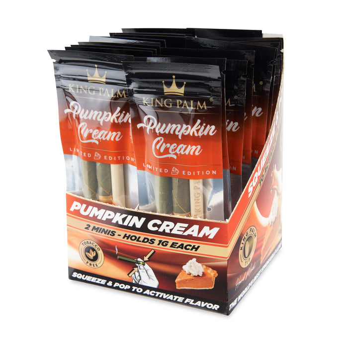 King Palm Pumpkin Cream Real Leaf Rolls Display box. 2 count mini packs, holds 1 gram each. Squeeze and pop to activate flavor.