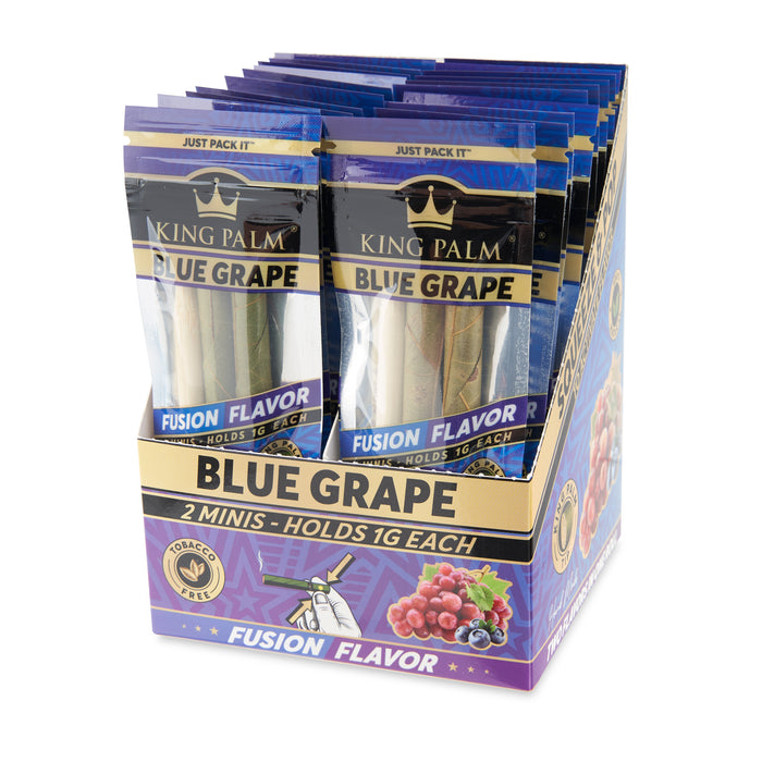 King Palm Blue Grape Fusion Flavor Real Leaf Rolls Display box. 2 count mini packs, holds 1 gram each. Squeeze and pop to activate flavor.