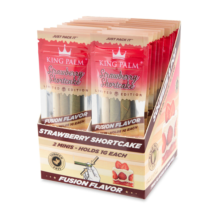 King Palm Strawberry Shortcake Fusion Flavor Real Leaf Rolls Display box. 2 count mini packs, holds 1 gram each. Squeeze and pop to activate flavor.