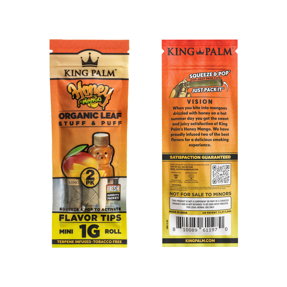 Front and back of a single 2pk pouch of King Palm Honey Mango 1g mini leaf tubes