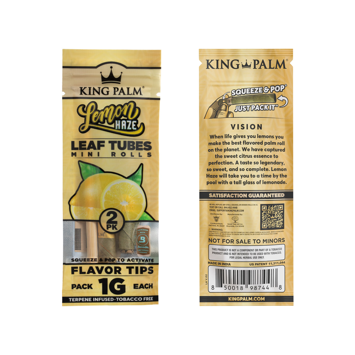 Front and back of a single 2pk pouch of King Palm Lemon Haze 1g mini leaf tubes