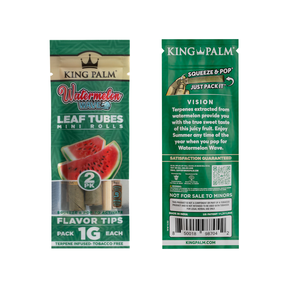 Front and back of a single 2pk pouch of King Palm Watermelon Wave 1g mini leaf tubes