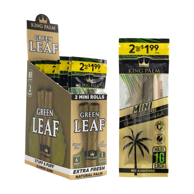 Angled view of pre-priced $1.99 King Palm mini 1g leaf tubes 10ct display box and a single 2pk