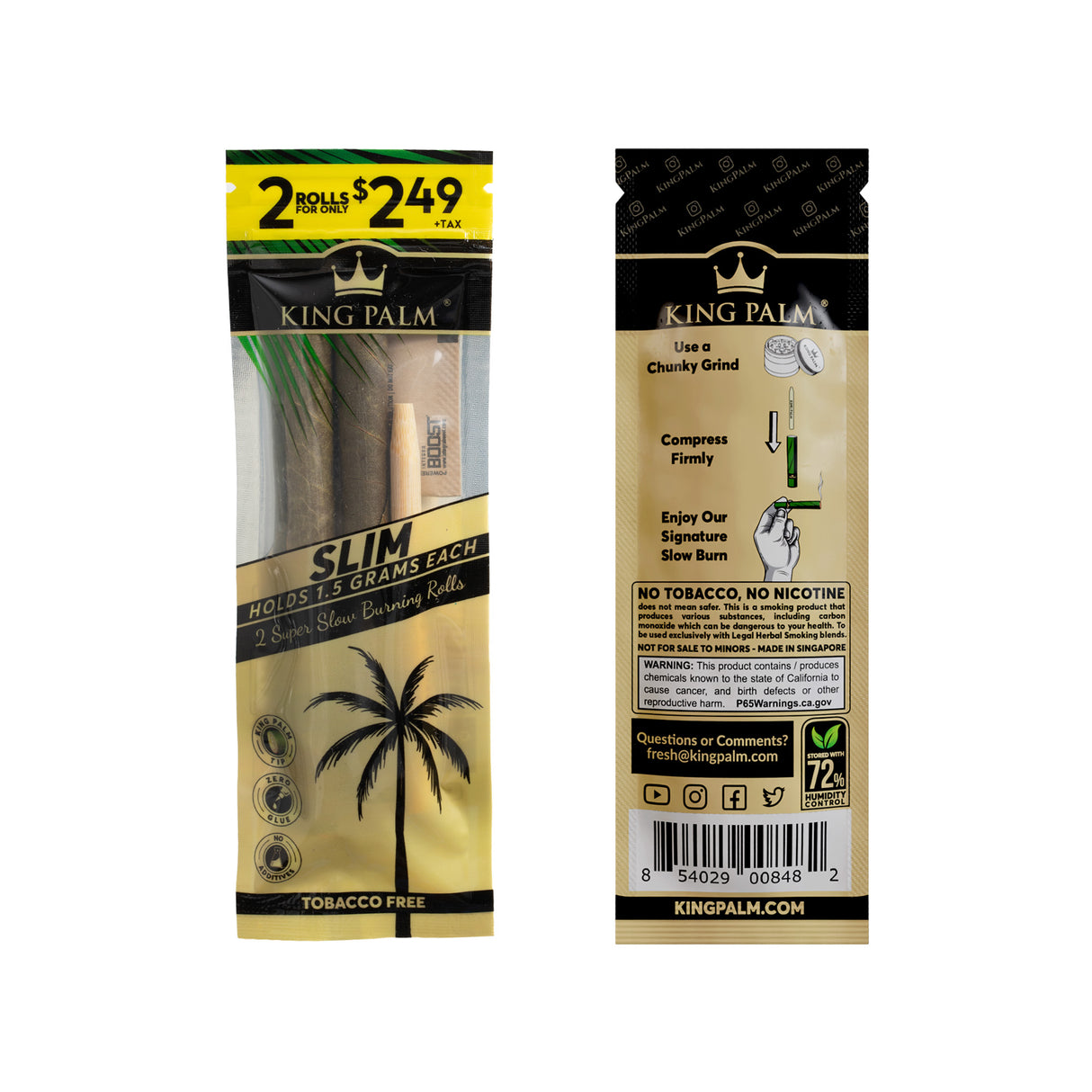Front and back of a 2pk pouch of pre-priced $2.49 King Palm slim size leaf tubes