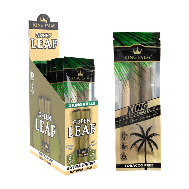 Angled view of King Palm king size 2pk 10ct display box and a single 2pk pouch