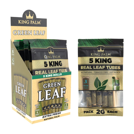 Angled view of the King Palm king size leaf tubes 8ct display and a single 5pk pouch