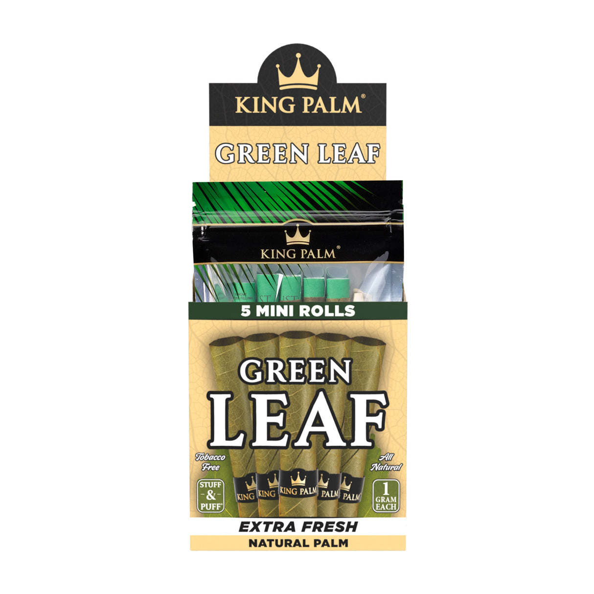 Front view of the King Palm mini 1g natural leaf tubes 8ct display on white background