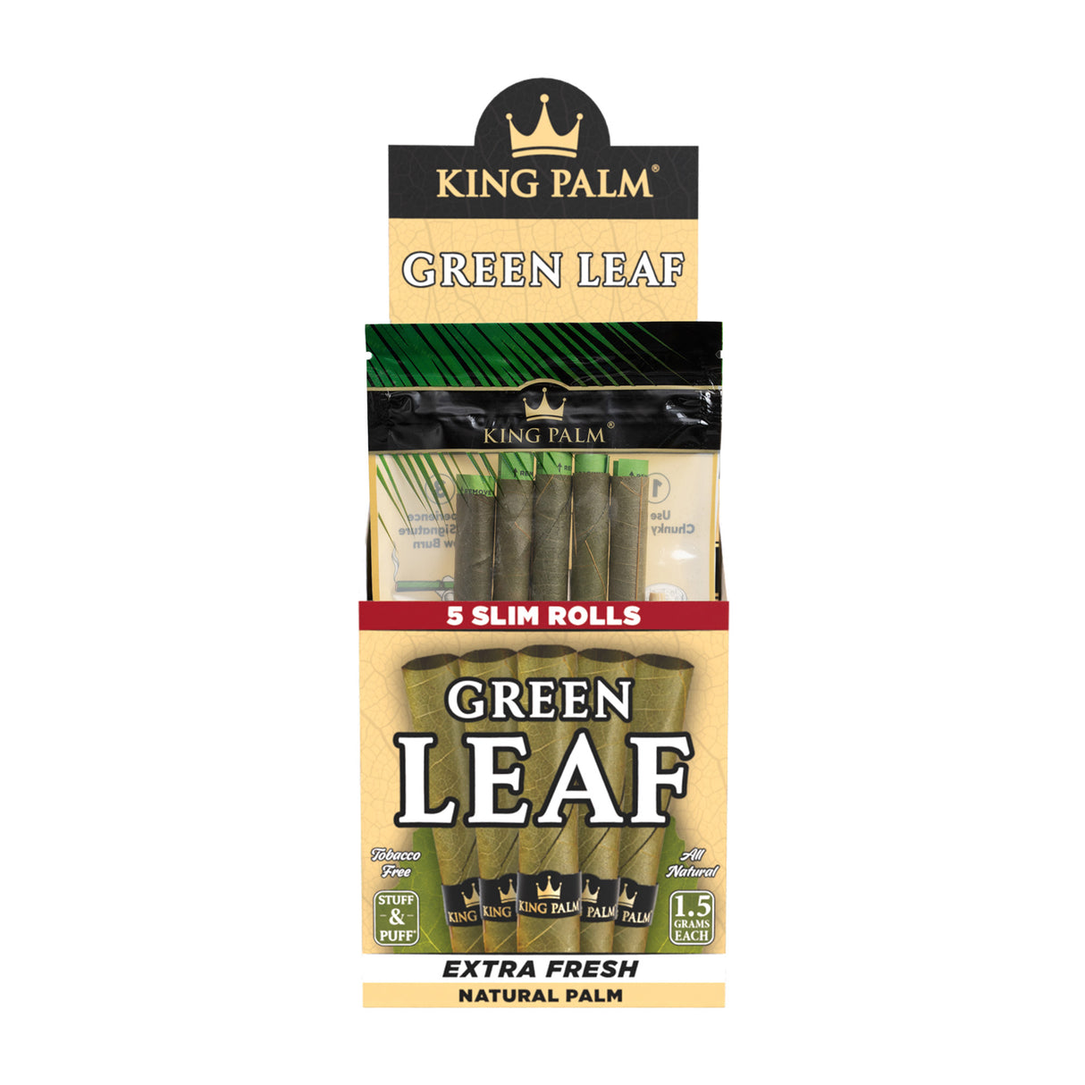 Front view of the King Palm slim 1.5g natural leaf tubes 8ct display on a white background