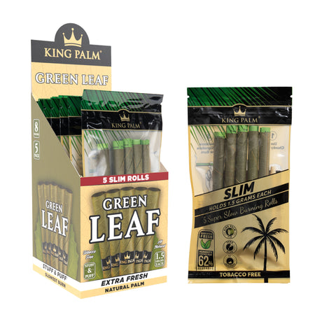 Angled view of the King Palm slim 1.5g natural leaf tubes 8ct display and single 5pk pouch