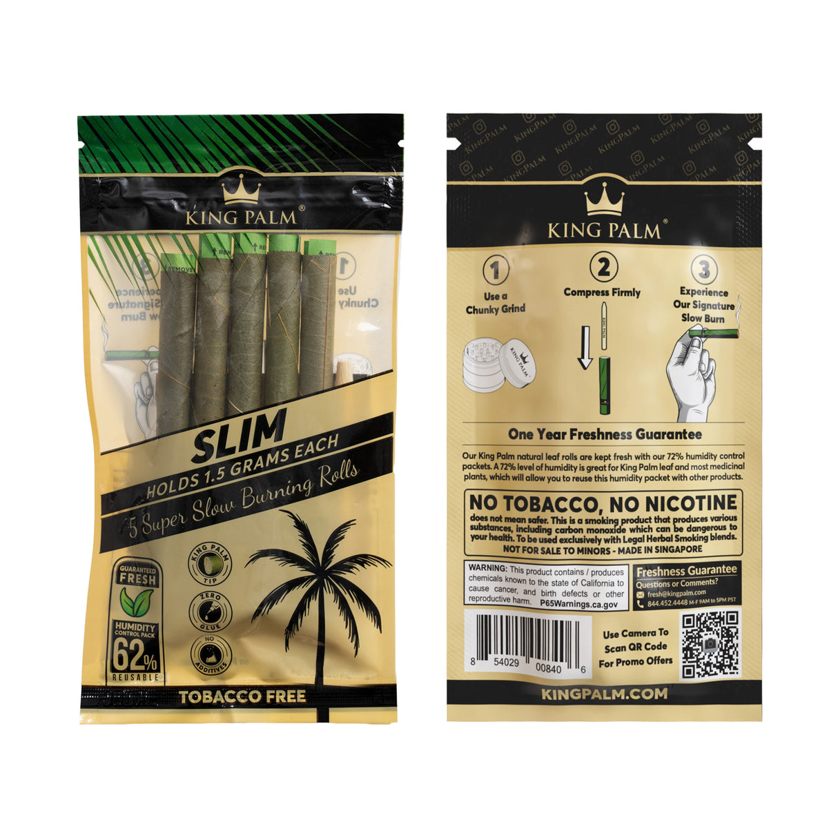 Front and back of a single 5pk pouch of King Palm slim 1.5g natural leaf tubes