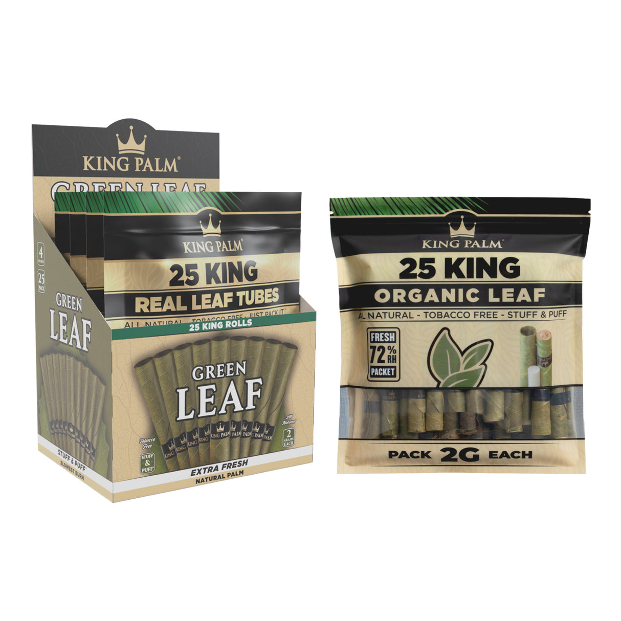 Angled view of the King Palm bulk 25pk king size 2g leaf tubes 4ct display and single pouch