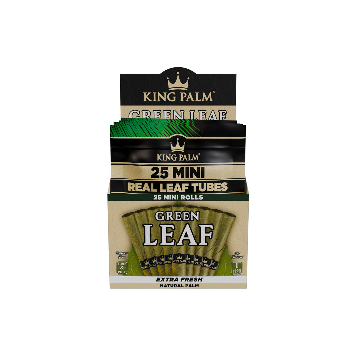 Front view of the bulk King Palm mini 1g natural leaf tubes 4ct display on a white background