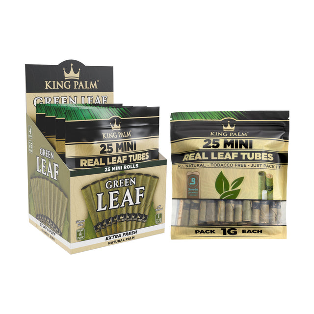 Angled view of the bulk King Palm mini 1g natural leaf tubes 4ct display and single 25pk pouch