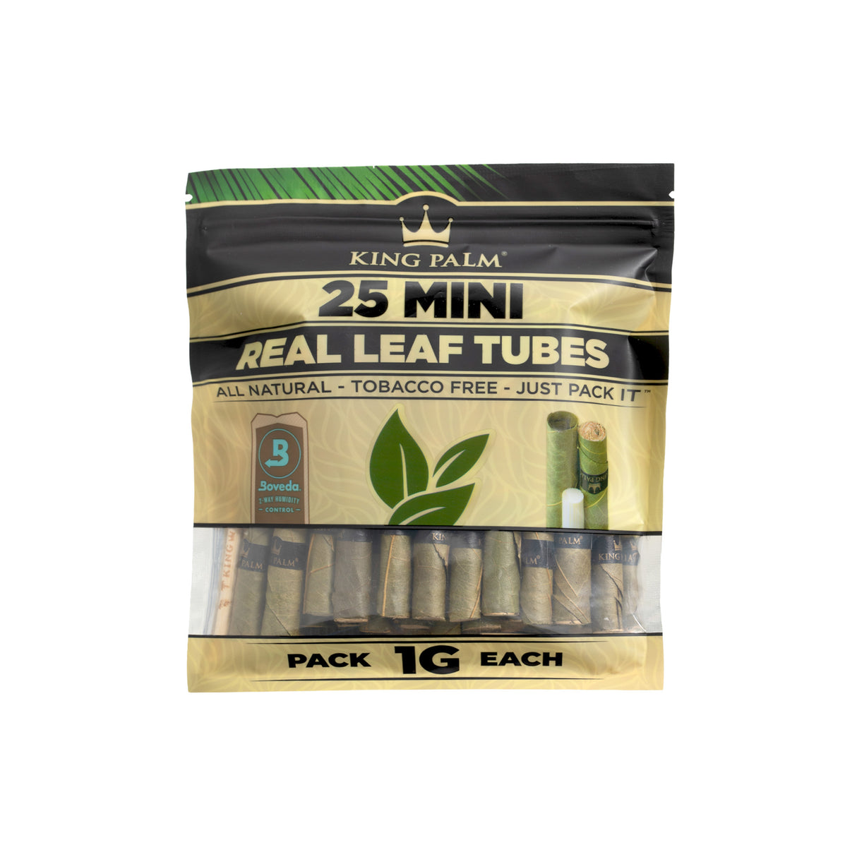 Single 25pk pouch of bulk King Palm mini 1g natural leaf tubes on a white background