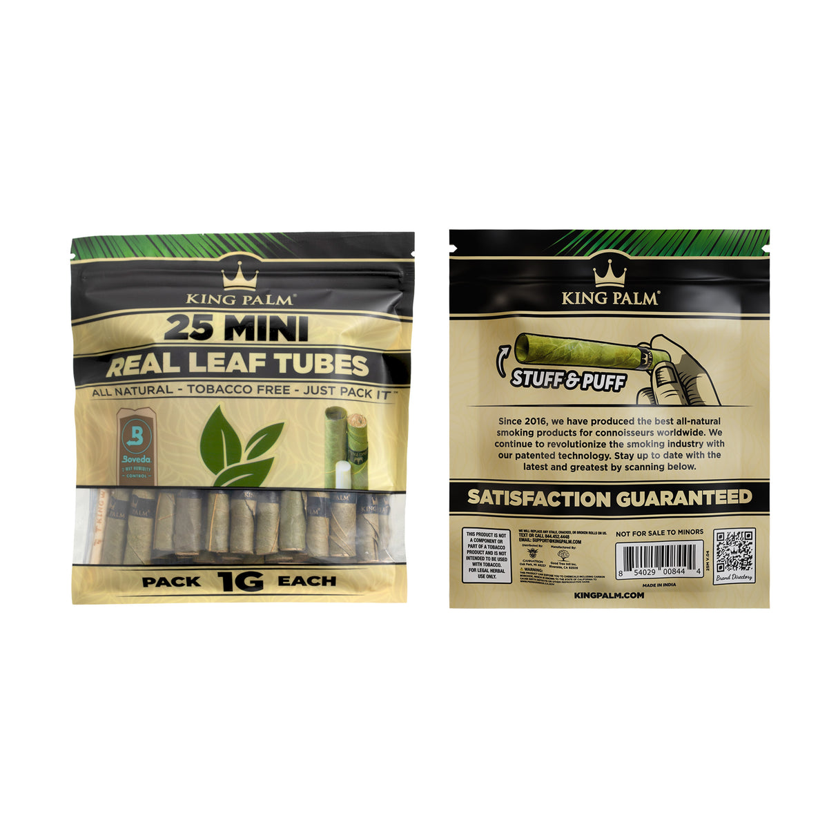 Front and back of a single 25pk bulk King Palm mini 1g natural leaf tubes