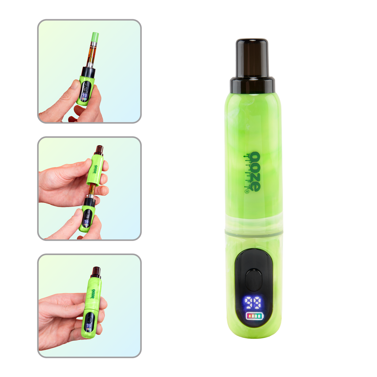 Green Ooze Hivo Conceal vape pen with digital display, shown from multiple angles.