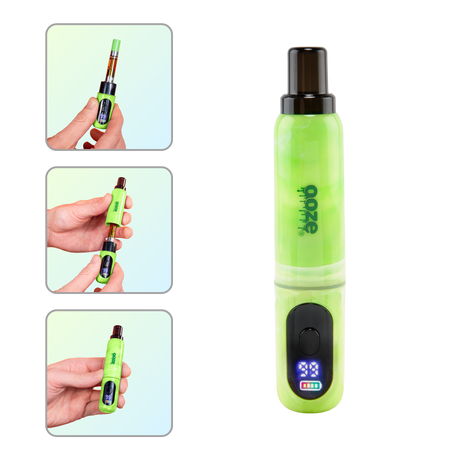 Green Ooze Hivo Conceal vape pen with digital display, shown from multiple angles.