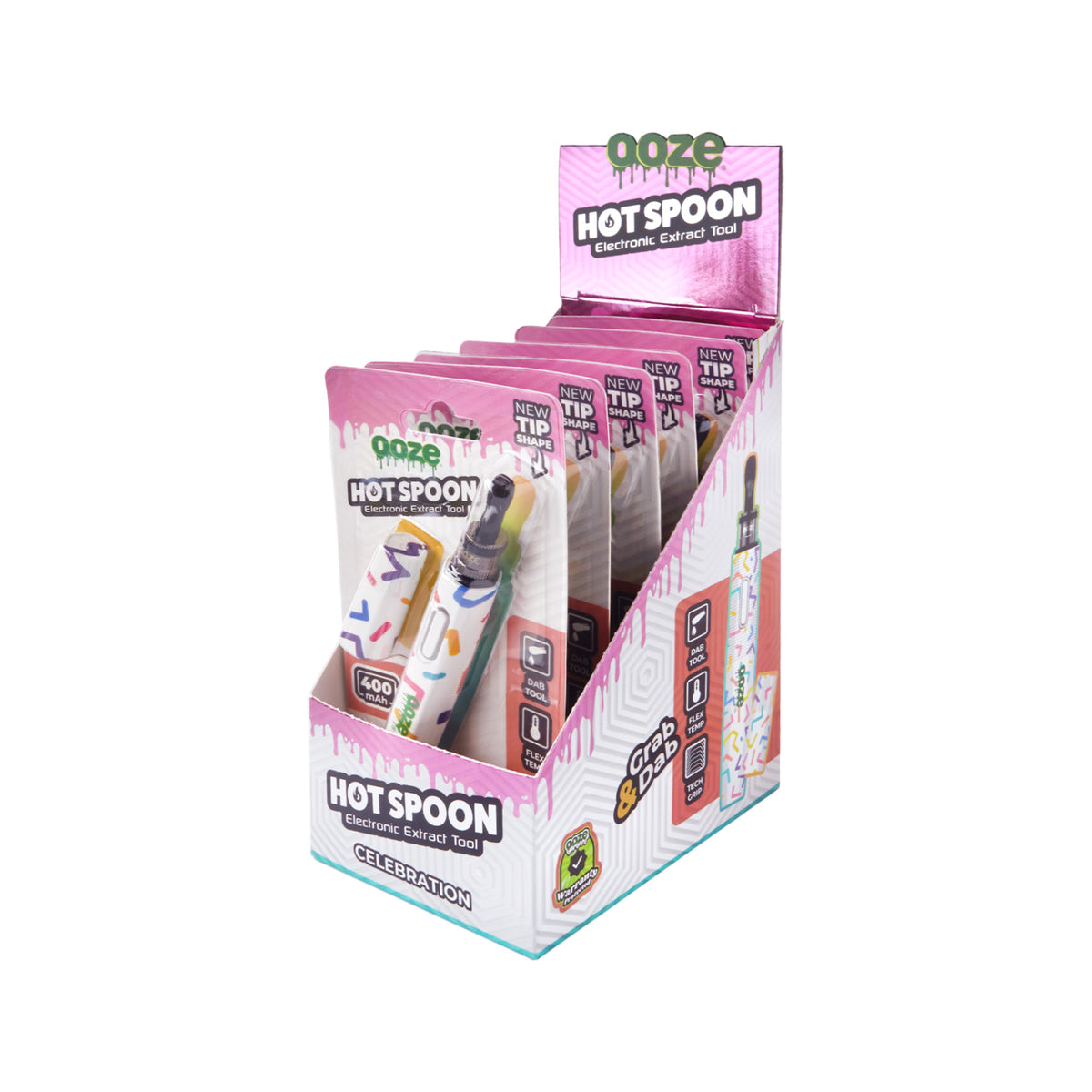 Angled view of the 6ct display of Celebration Ooze Hot Spoons