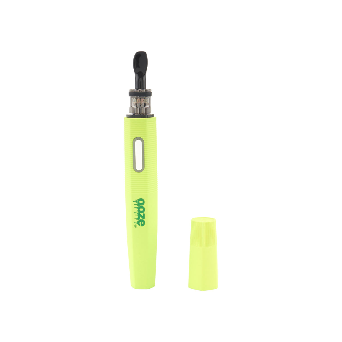 A Neon Lemon Ooze Hot Spoon stands upright with the travel cap to the side against a white background