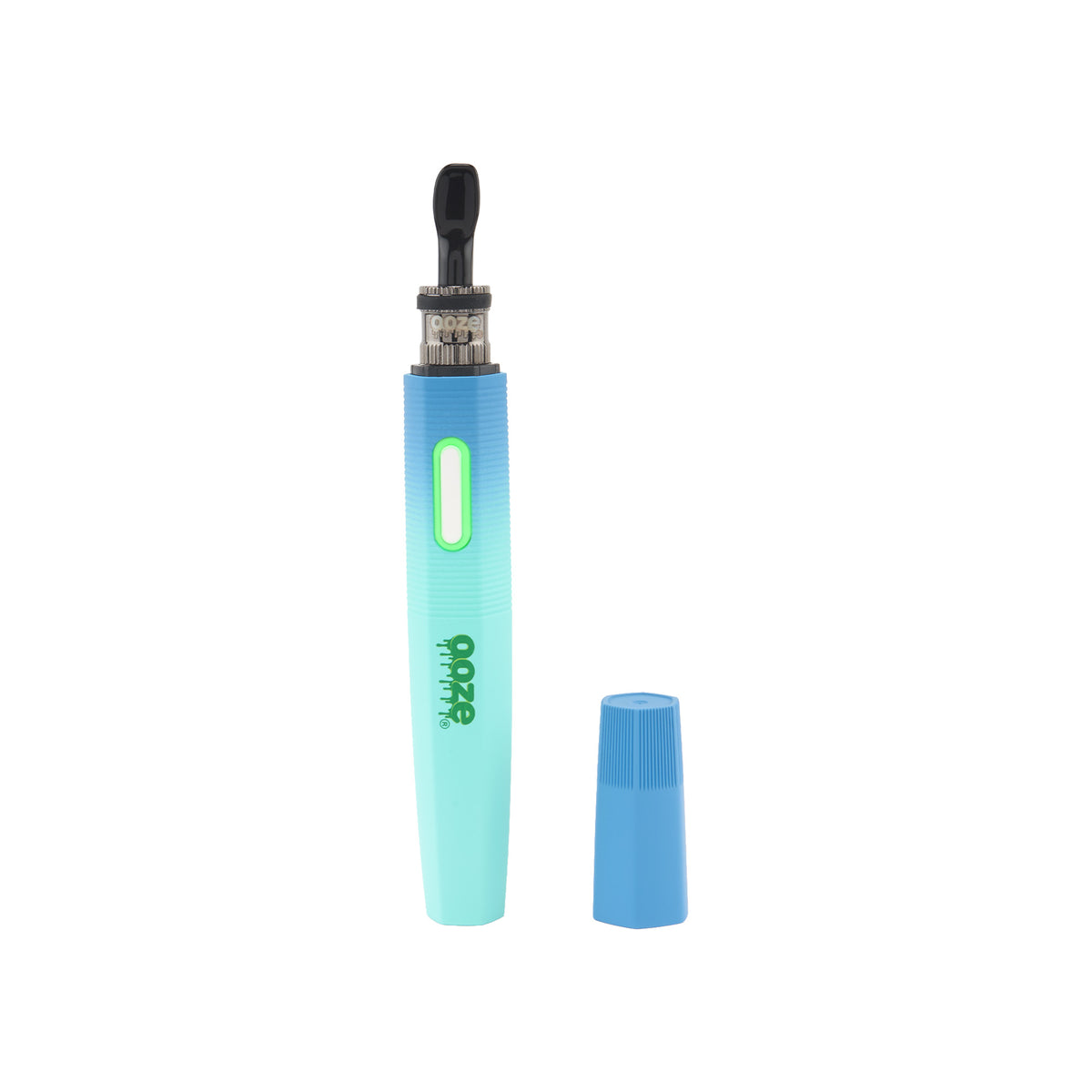 A Waves Ooze Hot Spoon device stands upright with the travel cap to the side and green light around the button, against a white background