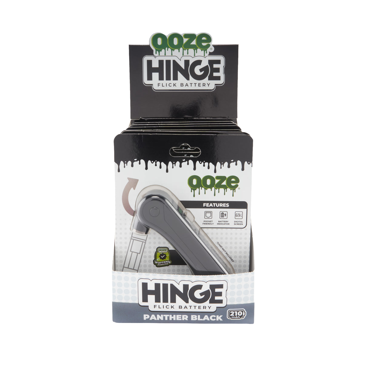 Ooze Hinge flick battery packaging display facing forward on a white background