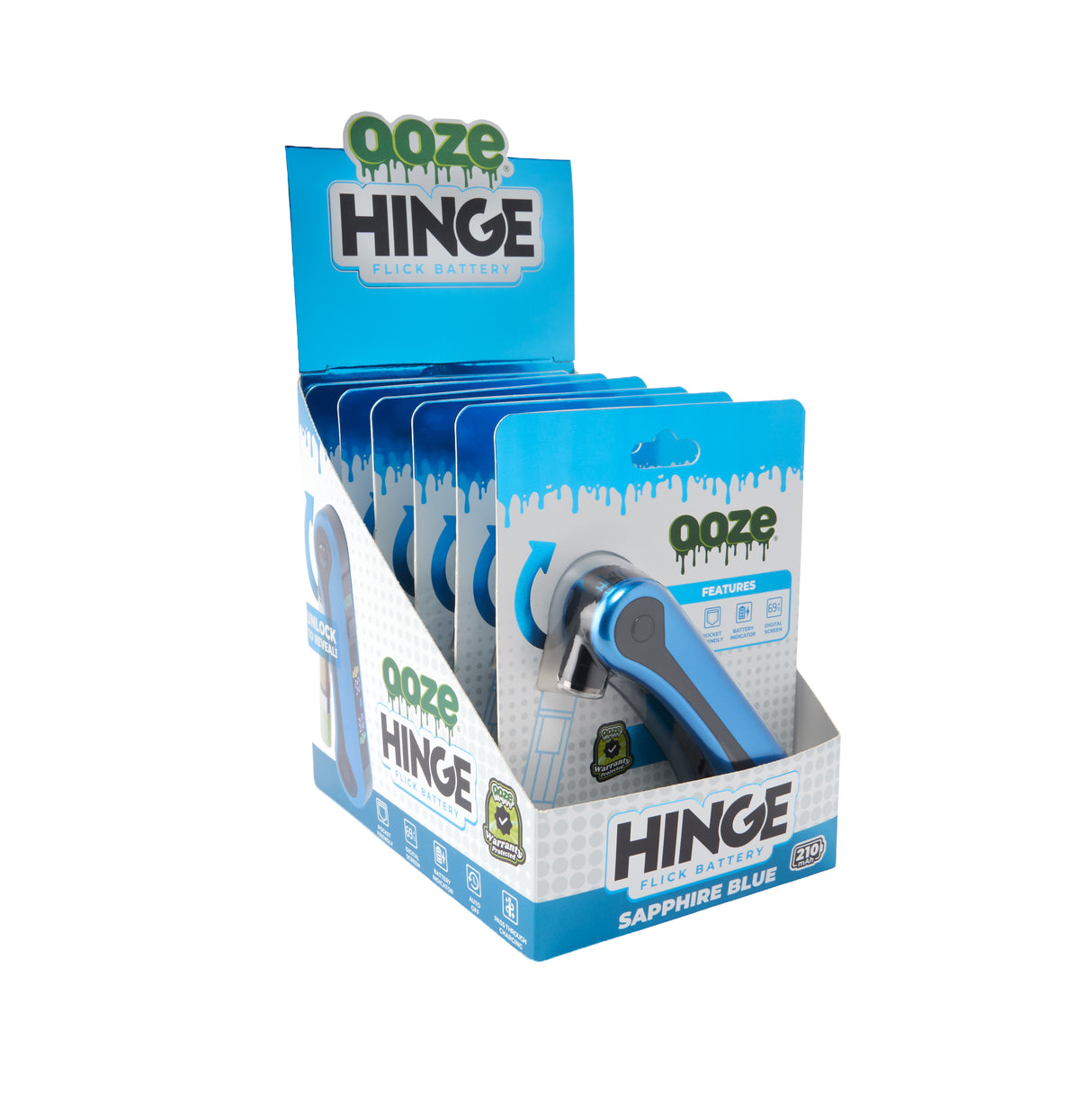 Display of Ooze Hinge vape pens in blue packaging on a white background
