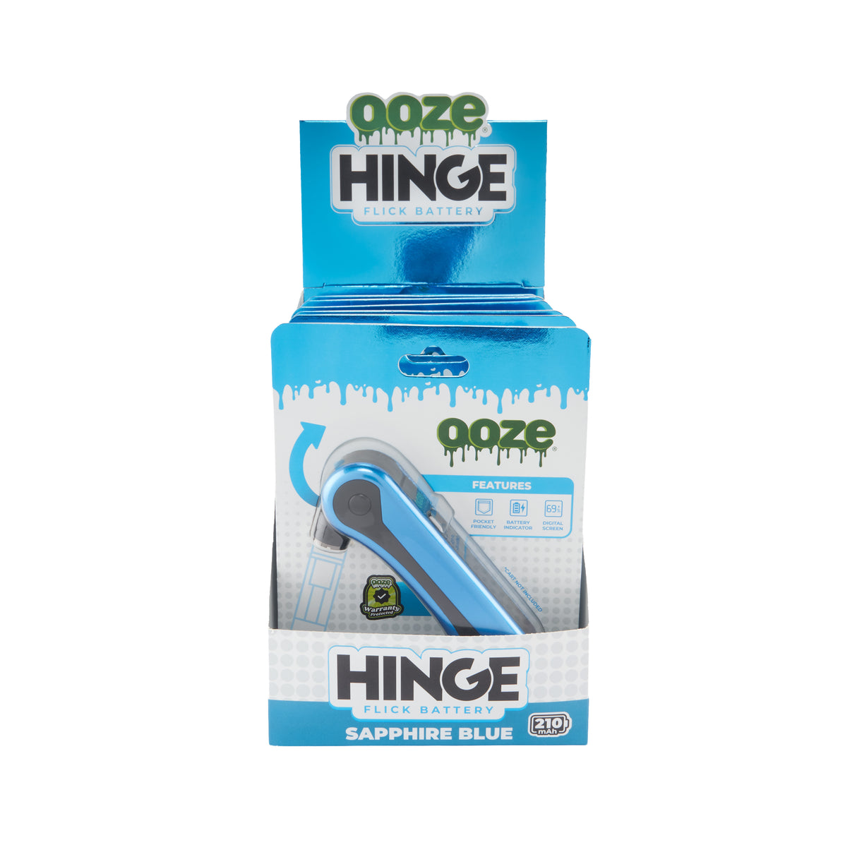 Box of Ooze Hinge vape batteries in Sapphire Blue on a white background