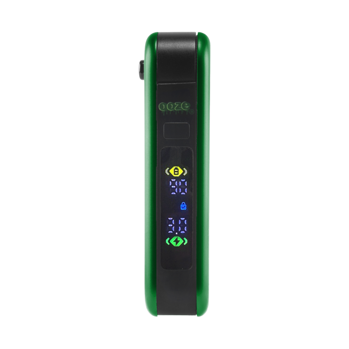 Green Hinge vape battery with digital screen turned on, 510 thread in closed position