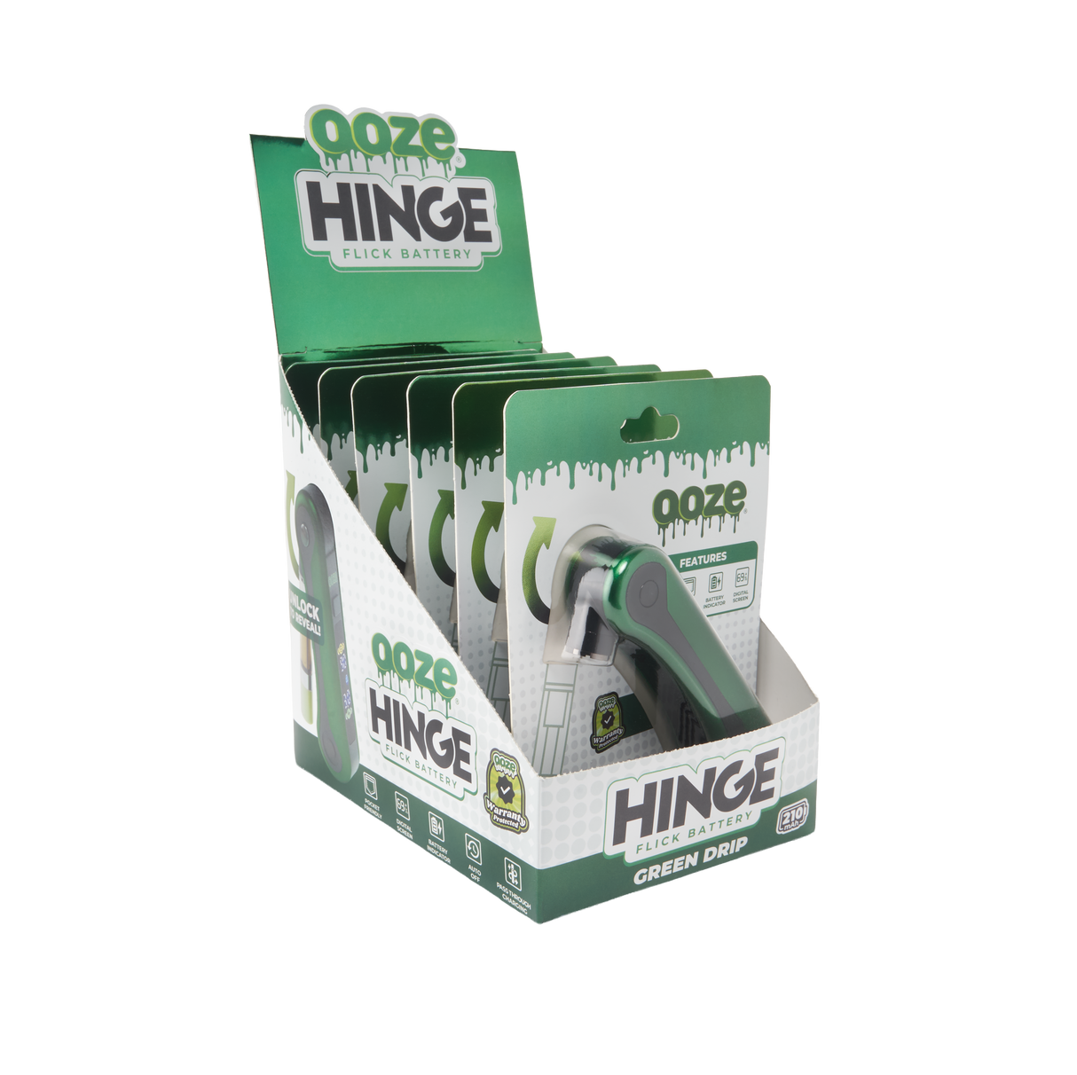 Display box of ooze Hinge batteries with green and white design.