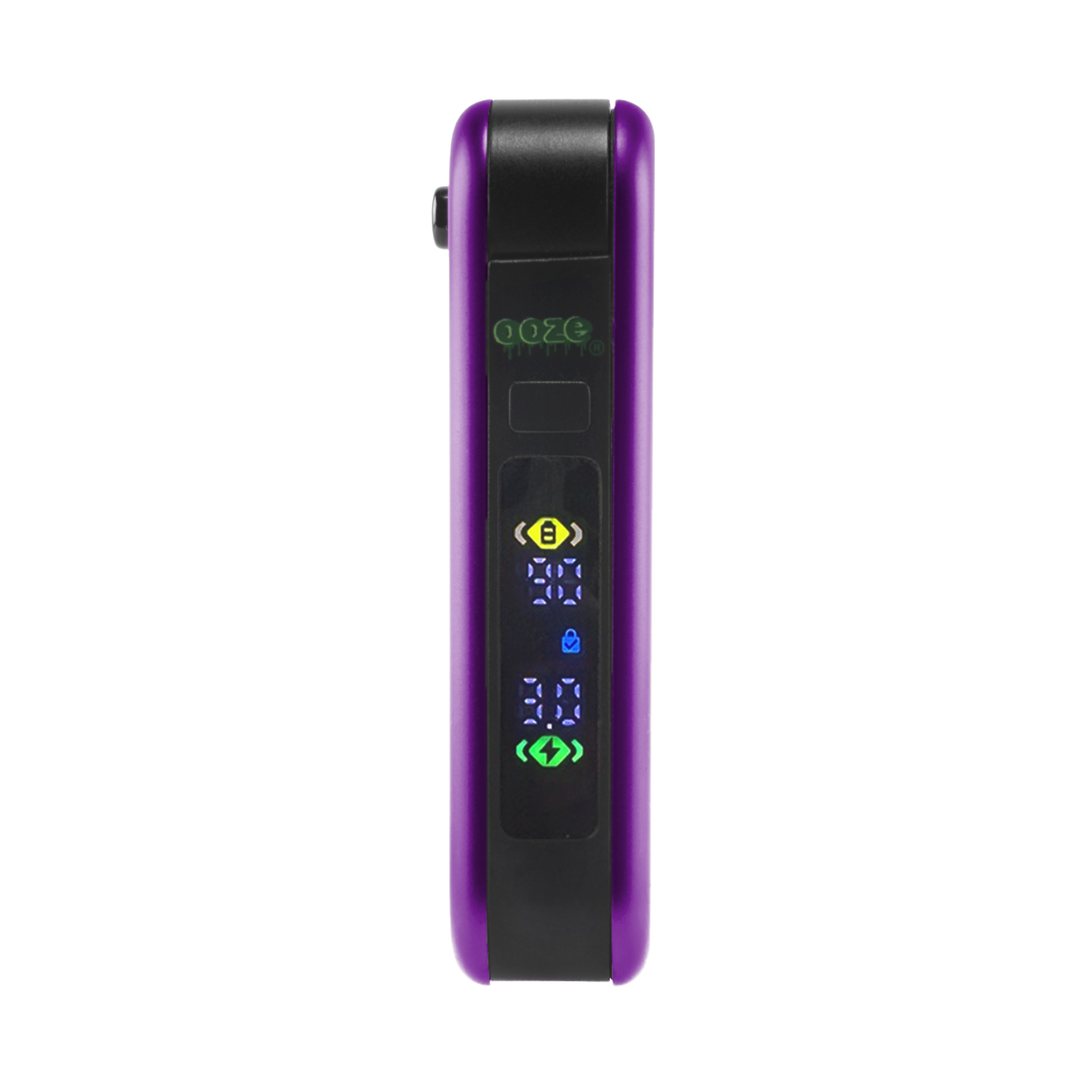 Purple HInge vape battery with digital screen turned on, 510 thread in closed position