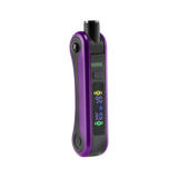 Angled view of purple Hinge vape battery, digital screen turned on and 510 thread in use position
