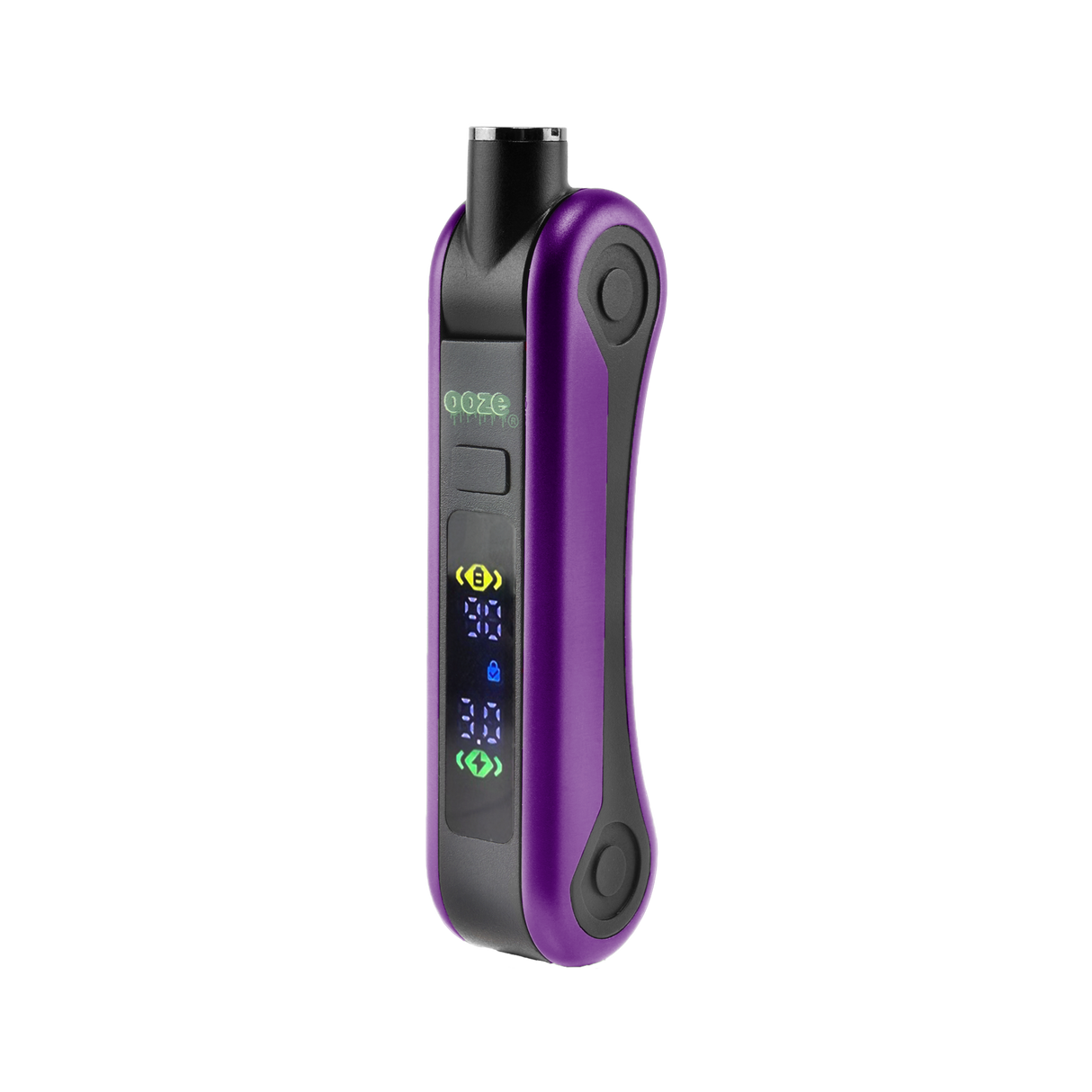 Purple Ooze Hinge vape device with digital display on a white background