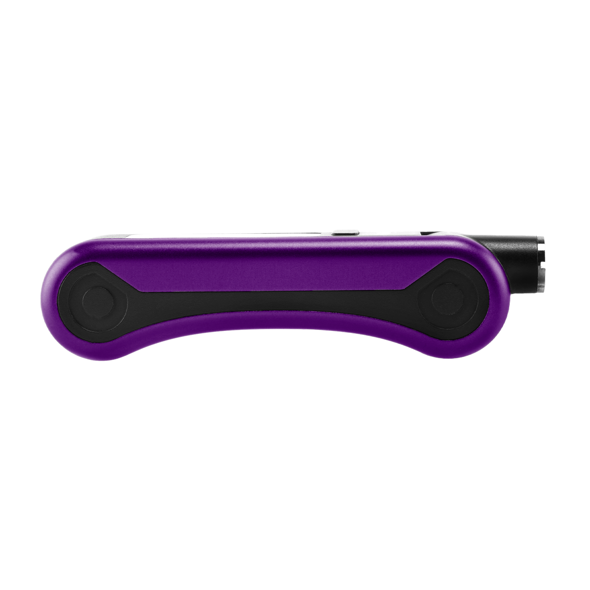 Side view of purple Hinge vape battery, 510 thread in use position