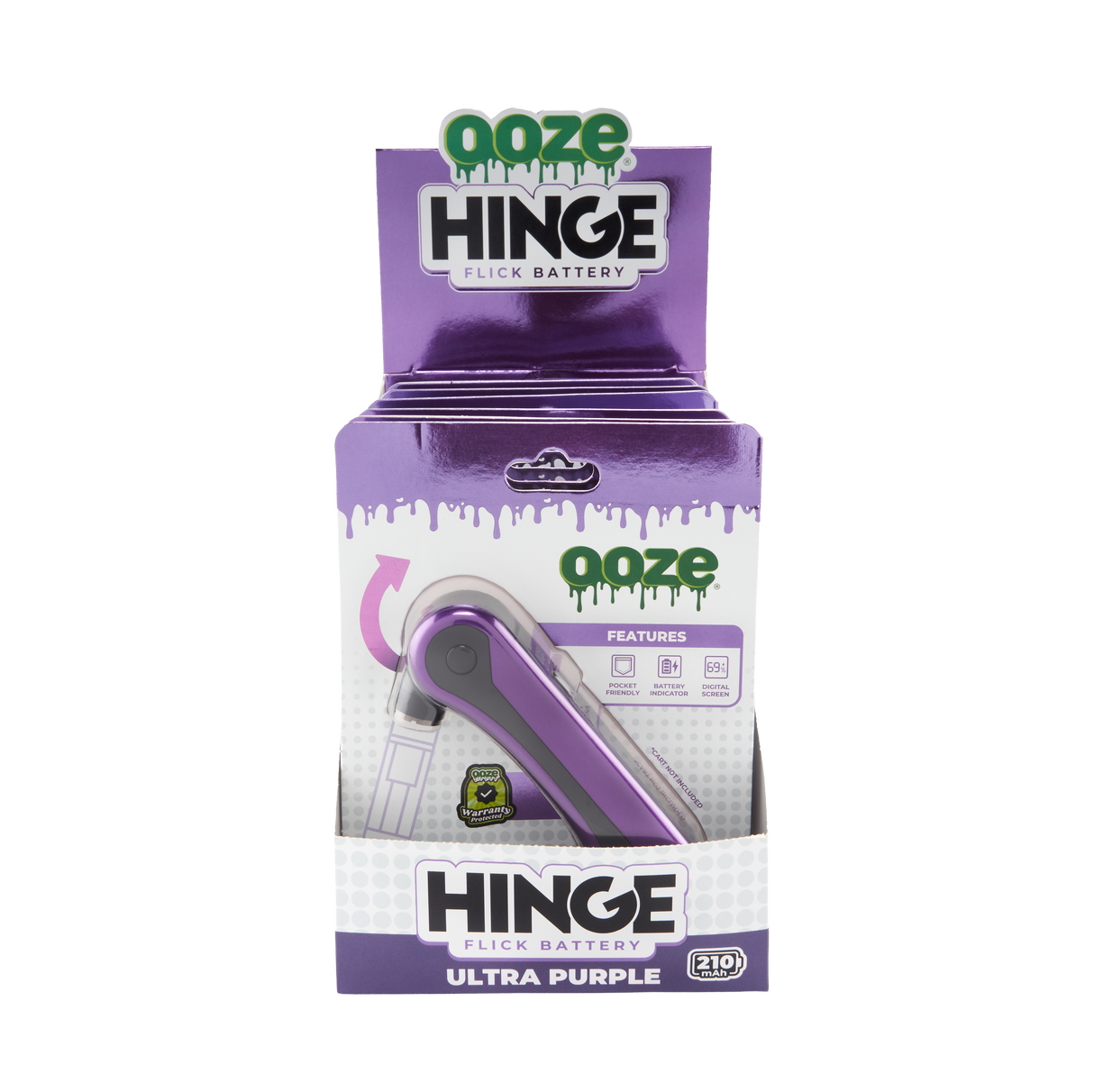 Purple Ooze Hinge packaging for a flick battery on a white background