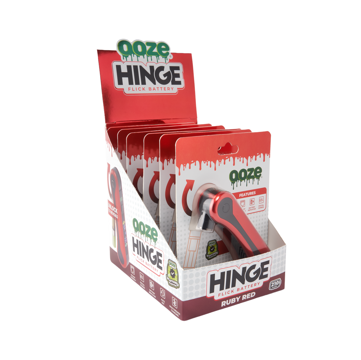Display box of Ooze Hinge vape battery with red and white design.