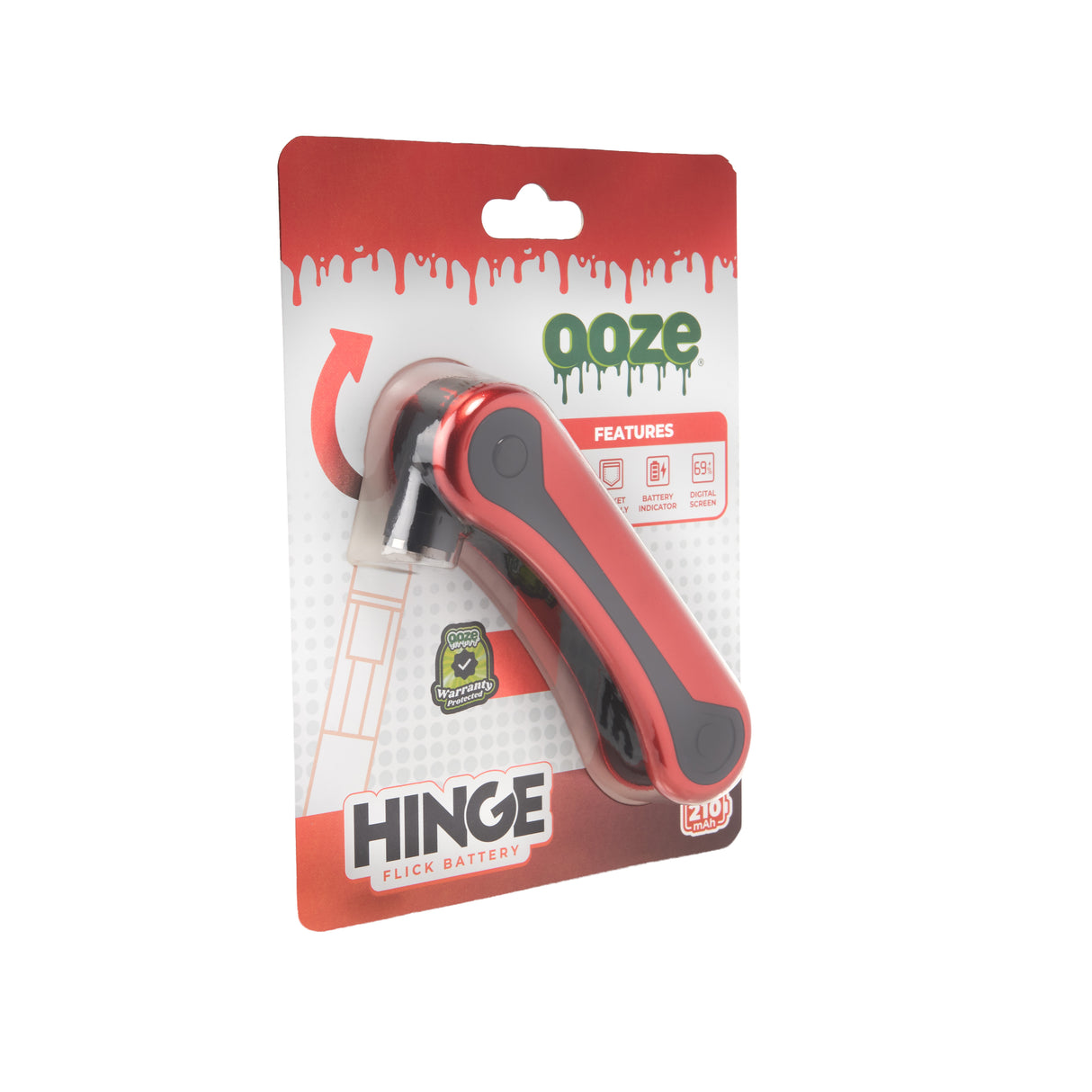 Ooze Hinge packaging with red and white design on a white background