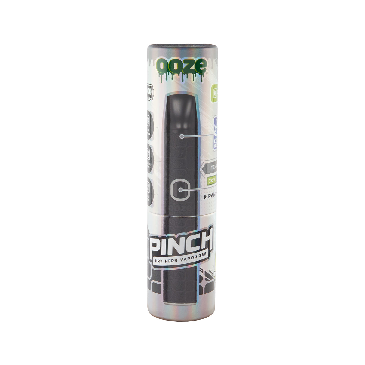 Packaging for black Pinch dry herb vape on white background