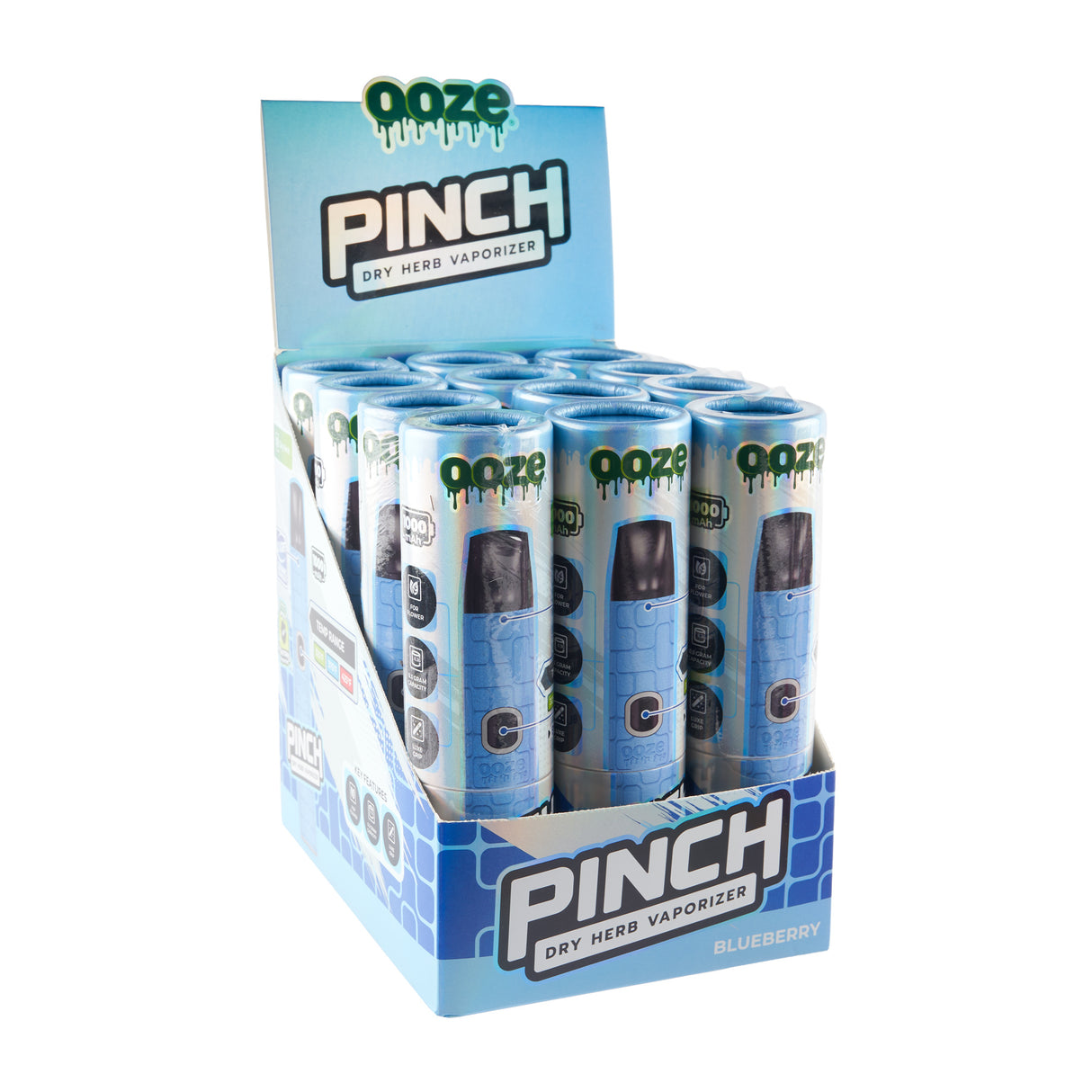 Angled view of blue Pinch dry herb vape display