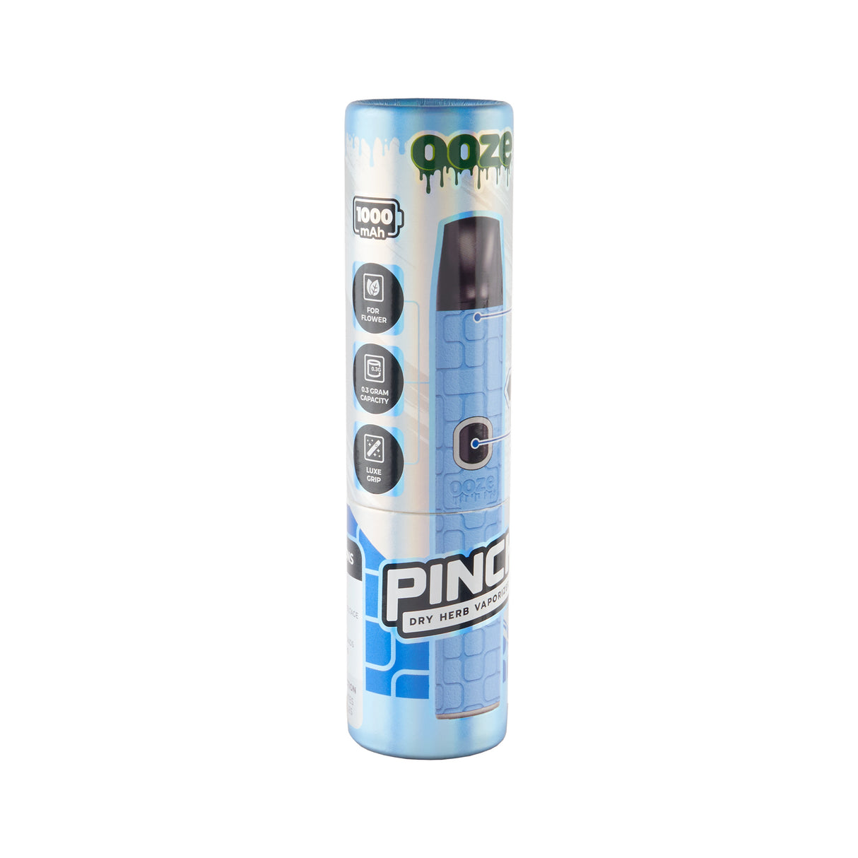Angled view of blue PInch dry herb vape packaging