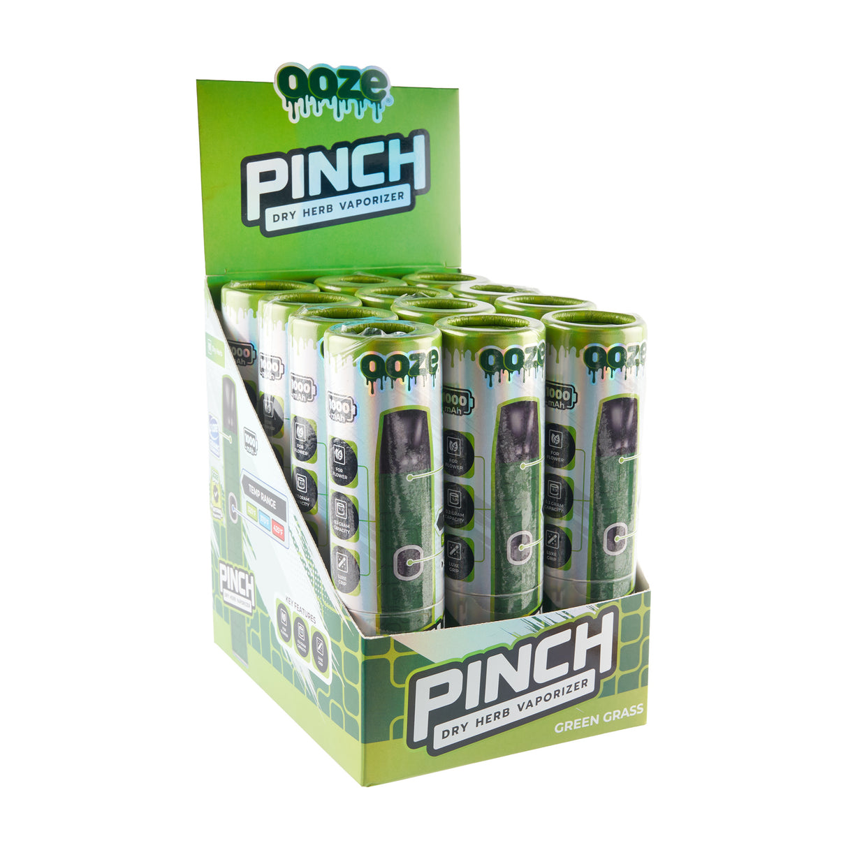 Angled view of green Pinch dry herb vape display