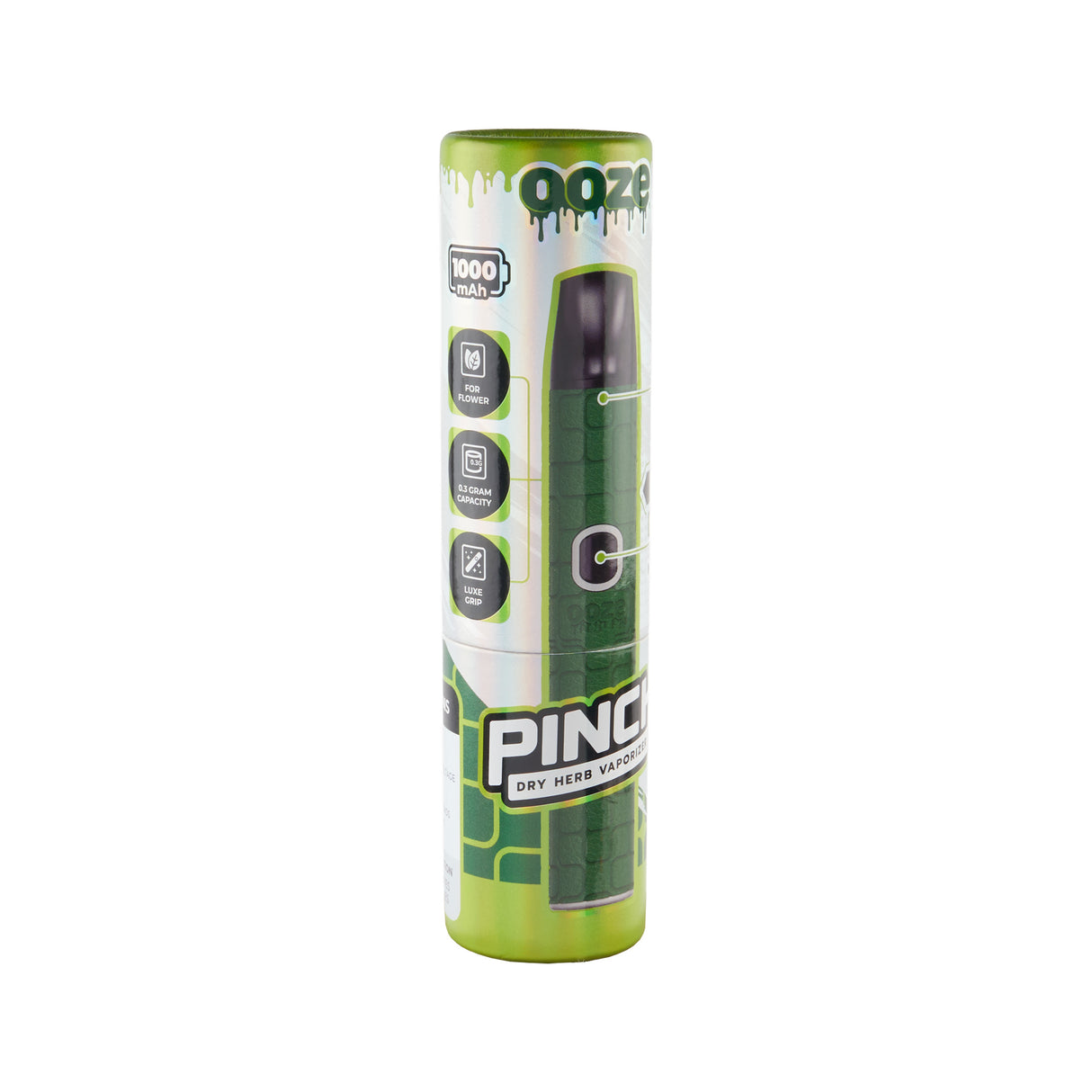 Angled view of green Pinch dry herb vape packaging