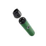Angled view of green Pinch dry herb vape with cap removed to show ceramic chamber