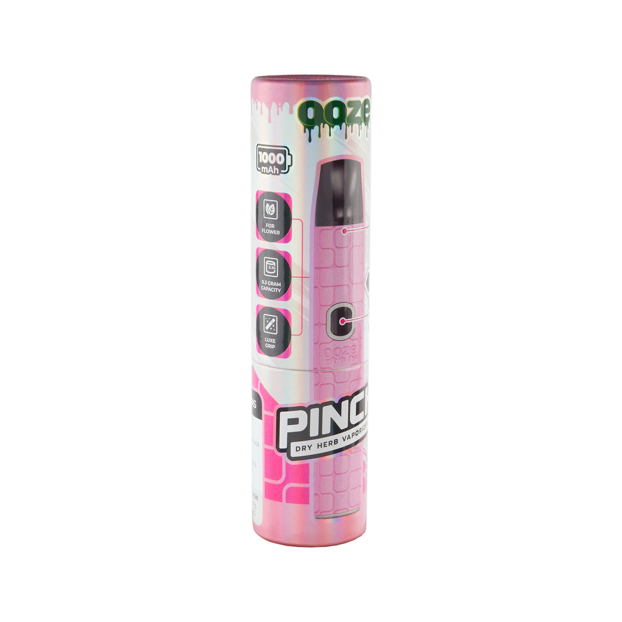 Angled view of pink Ooze Pinch dry herb vape packaging